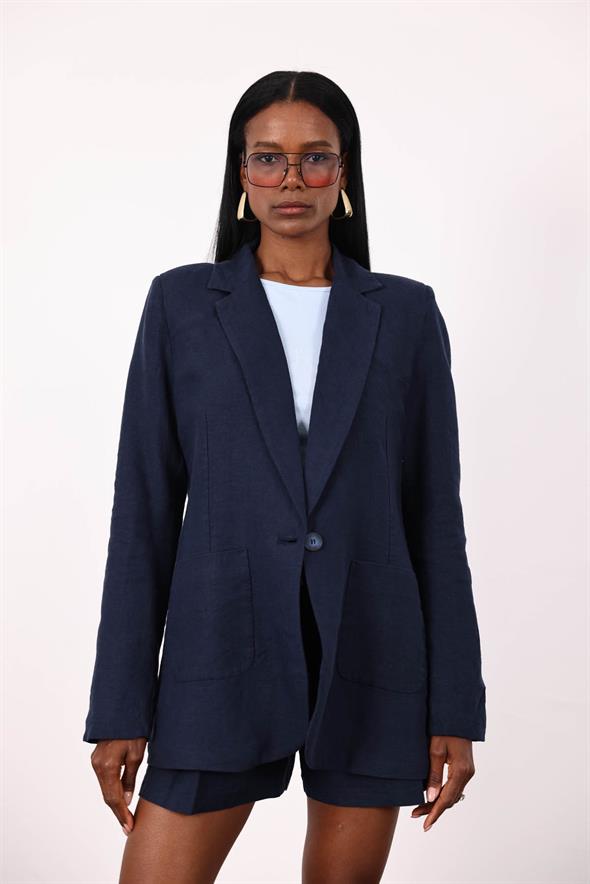 Lacivert %100 Ham Keten Ceket 