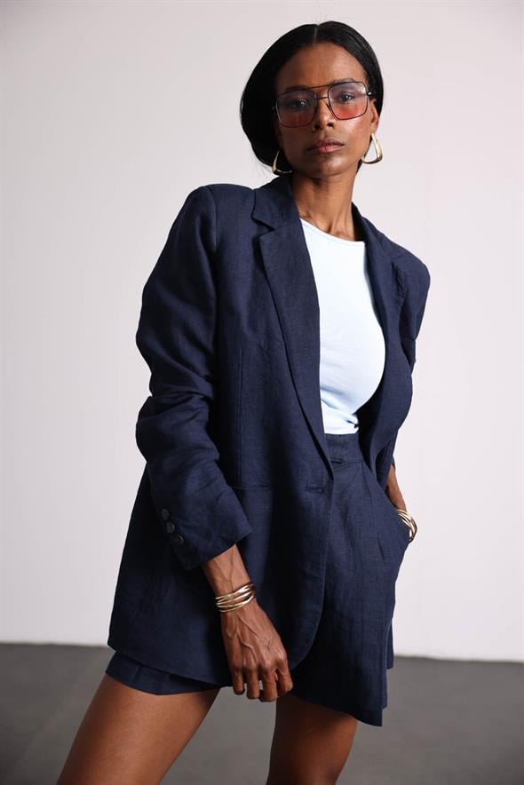 Lacivert %100 Ham Keten Ceket 