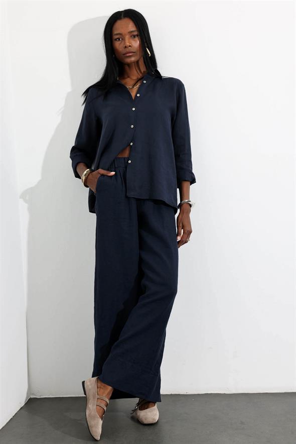 Lacivert %100 Keten Beli Lastikli Pantolon 