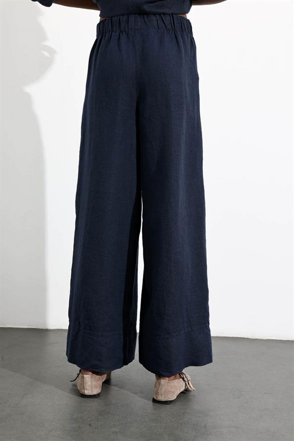 Lacivert %100 Keten Beli Lastikli Pantolon 
