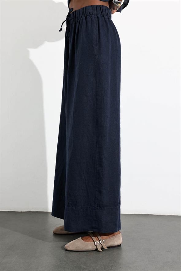 Lacivert %100 Keten Beli Lastikli Pantolon 