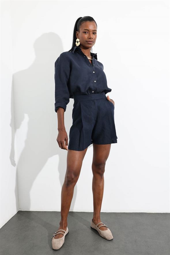 Lacivert %100 Keten Klasik Şort 