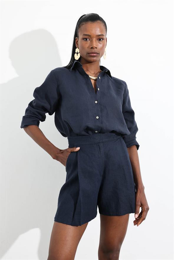 Lacivert %100 Keten Klasik Şort 