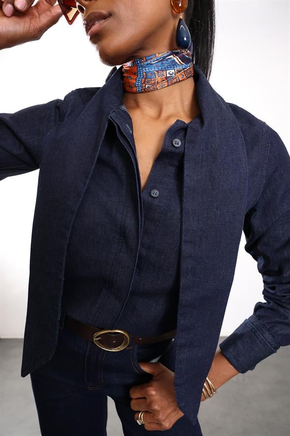 Lacivert Bağcıklı Denim Gömlek 