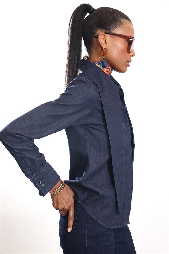 Lacivert Bağcıklı Denim Gömlek 