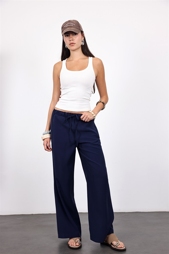 Lacivert Beli Lastikli Tensel Pantolon 9027