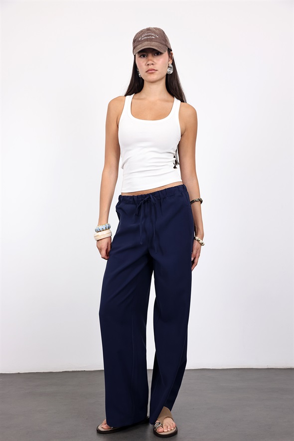 Lacivert Beli Lastikli Tensel Pantolon 9027