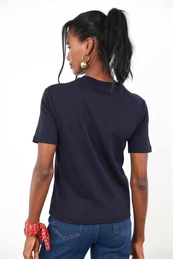 Lacivert Bisiklet Yaka Basic Tişört 1075