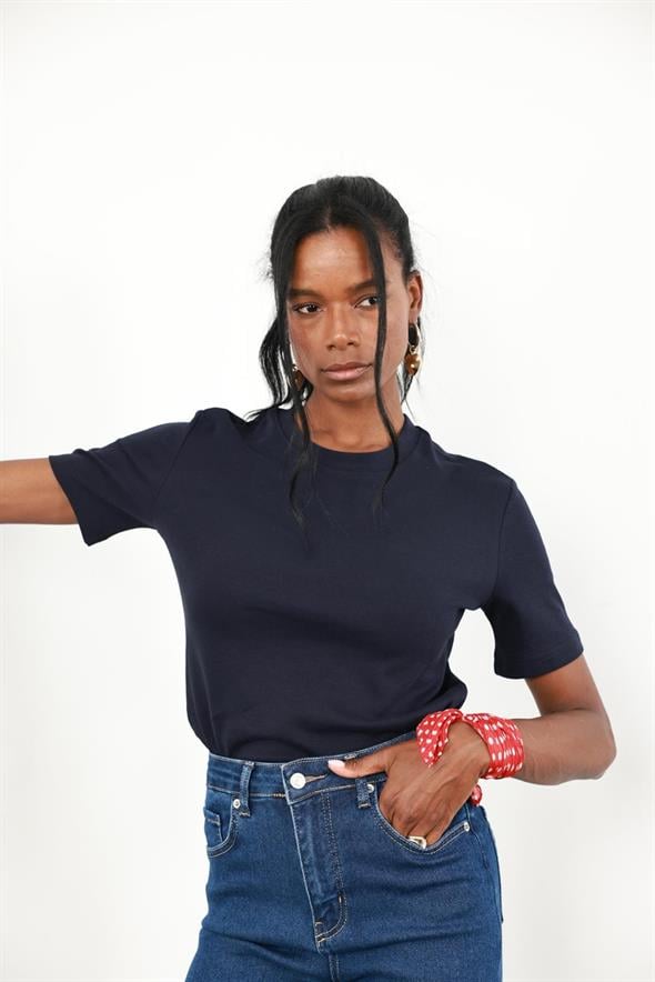 Lacivert Bisiklet Yaka Basic Tişört 1075