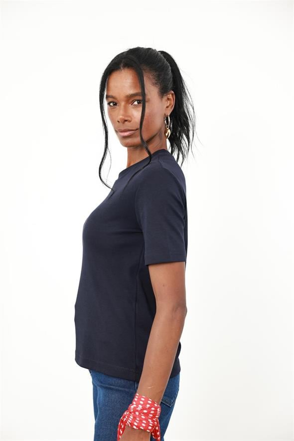 Lacivert Bisiklet Yaka Basic Tişört 1075