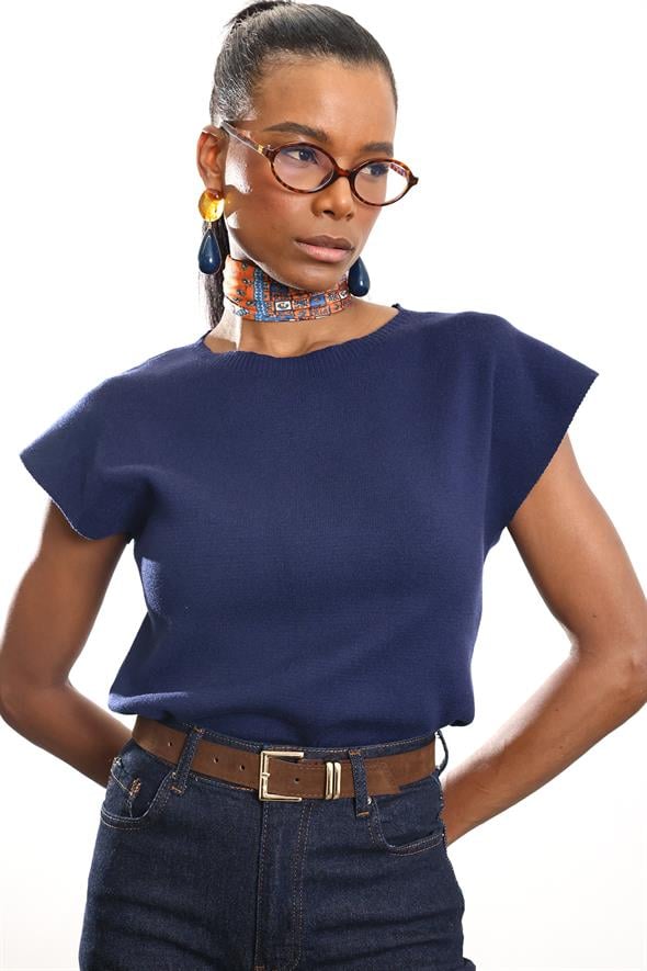 Lacivert Bisiklet Yaka Kolsuz Triko 4821