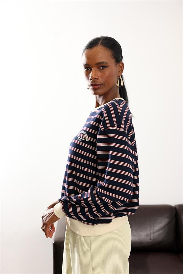 Lacivert Bordo Çizgili Kolej Sweatshirt 01119