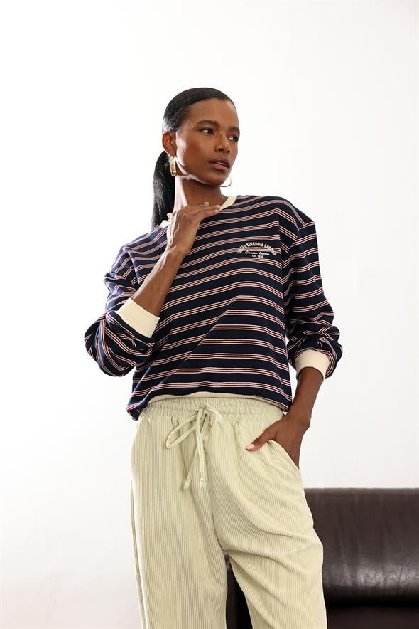 Lacivert Bordo Çizgili Kolej Sweatshirt 01119