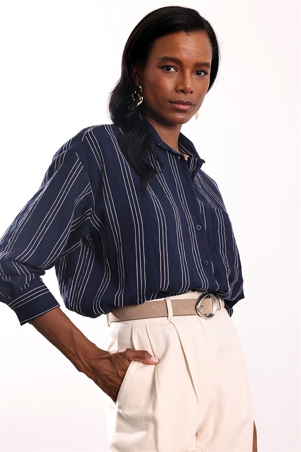 Lacivert Çizgili Oversize Gömlek 6608