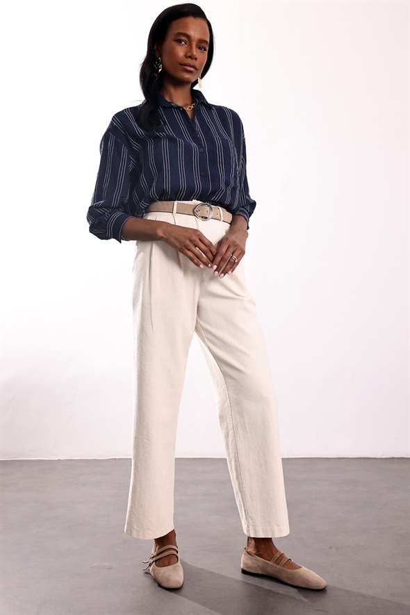 Lacivert Çizgili Oversize Gömlek 6608