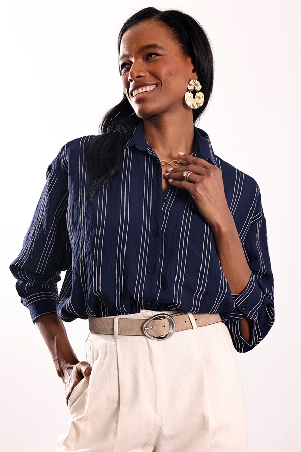 Lacivert Çizgili Oversize Gömlek 6608