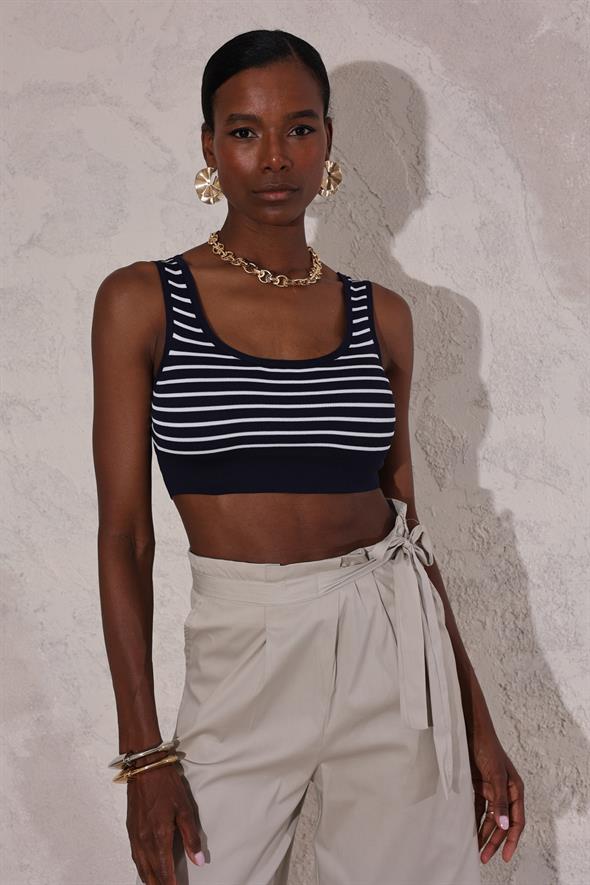 Lacivert Çizgili Triko Crop 0637