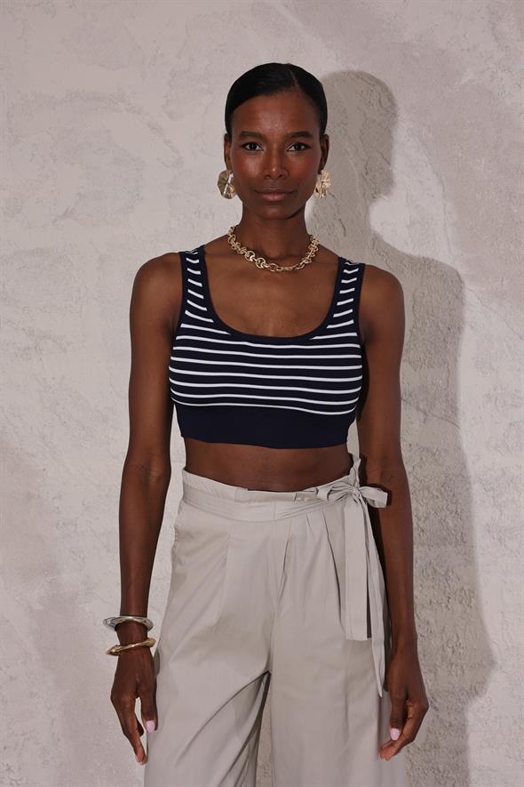 Lacivert Çizgili Triko Crop 0637