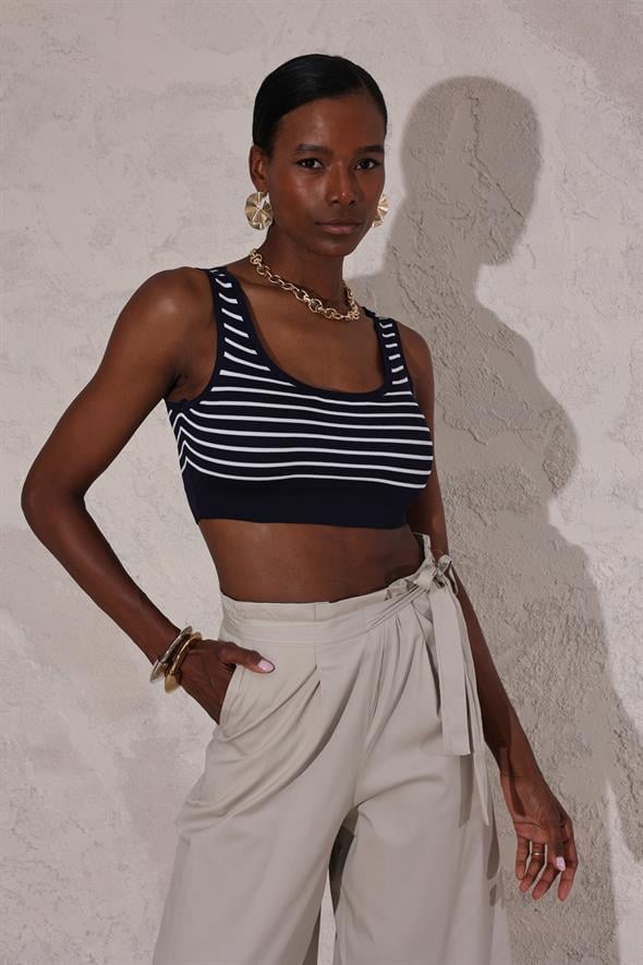 Lacivert Çizgili Triko Crop 0637