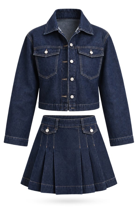 Lacivert Denim Etek Ceket Takım 0001