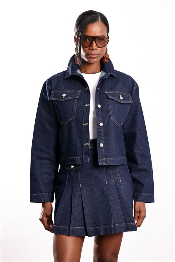 Lacivert Denim Etek Ceket Takım 0001