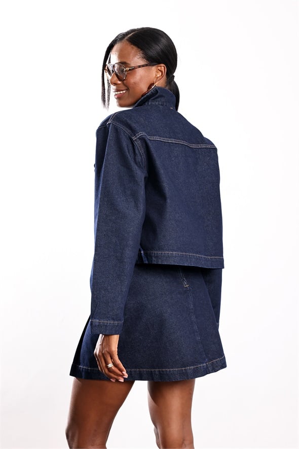 Lacivert Denim Etek Ceket Takım 0001