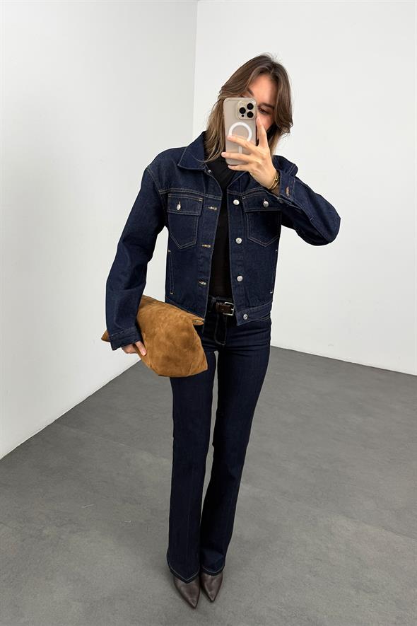 Lacivert Dikiş Detaylı Denim Ceket 