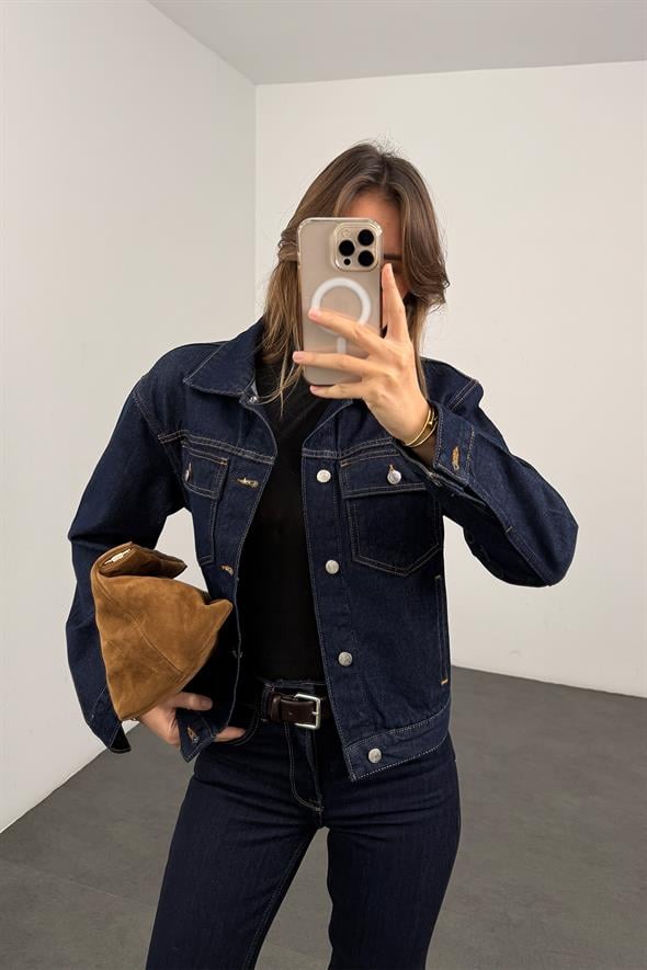 Lacivert Dikiş Detaylı Denim Ceket 
