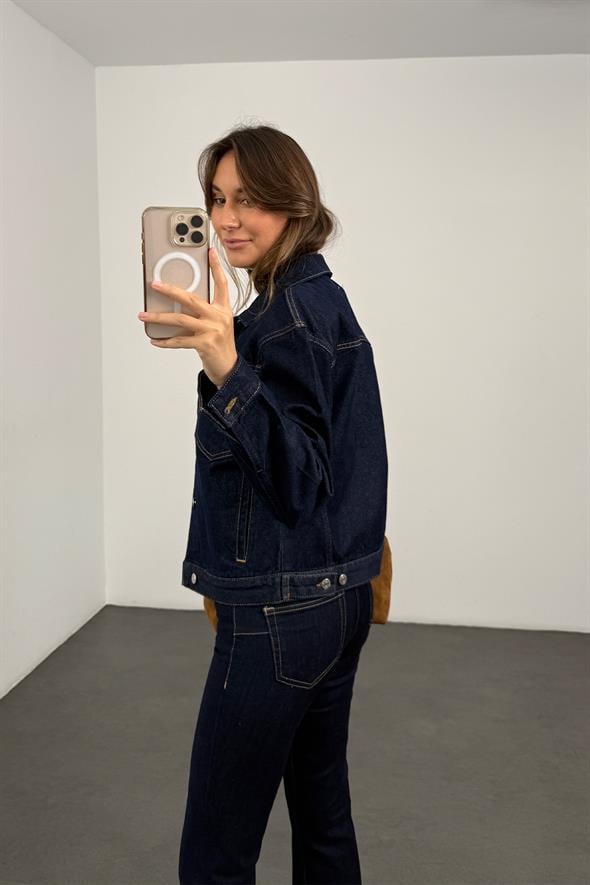 Lacivert Dikiş Detaylı Denim Ceket 
