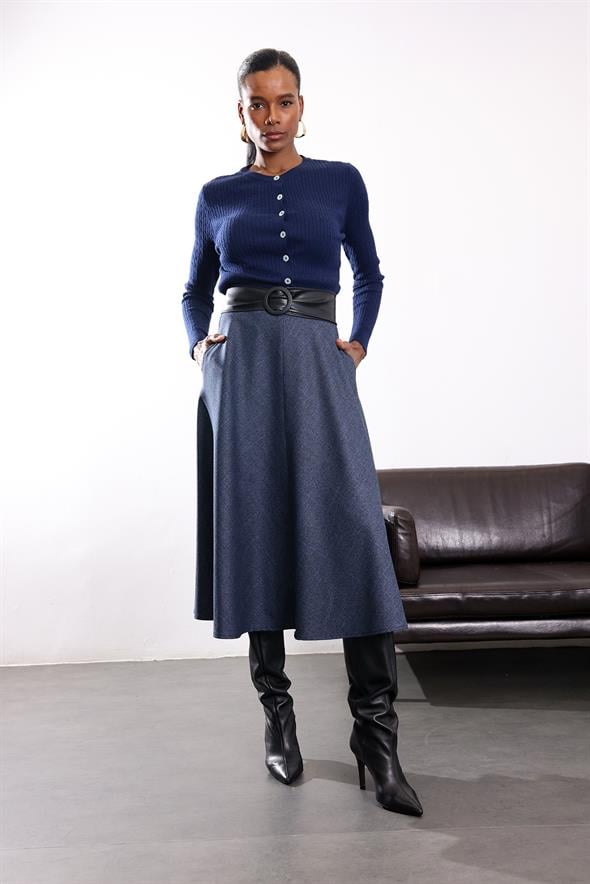 Lacivert Ekoseli Midi Etek 00183