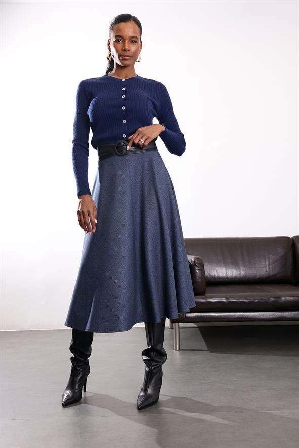 Lacivert Ekoseli Midi Etek 00183