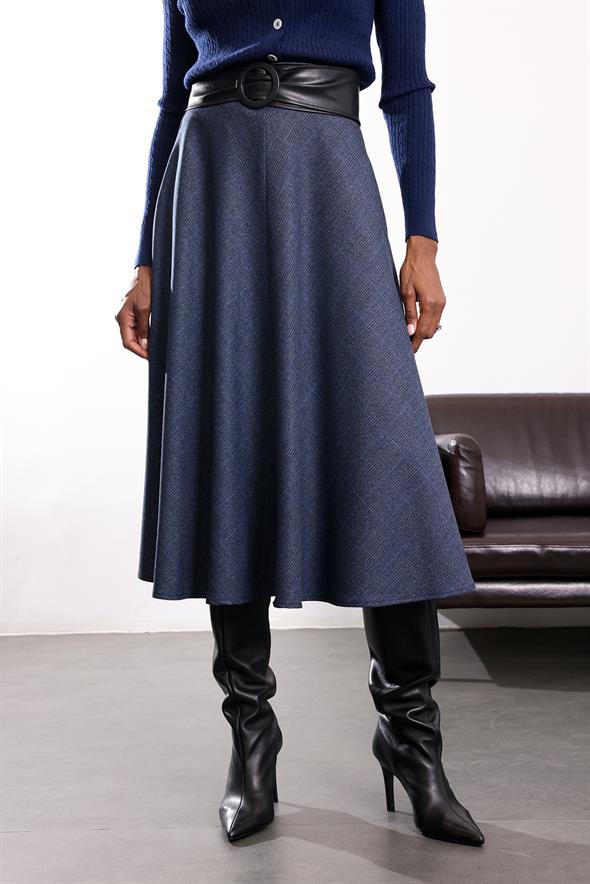 Lacivert Ekoseli Midi Etek 00183