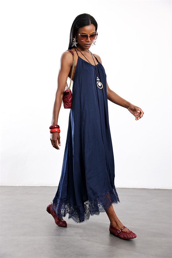 Lacivert Halter Yaka Maxi Elbise 17590