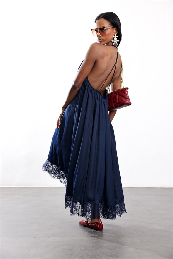 Lacivert Halter Yaka Maxi Elbise 17590