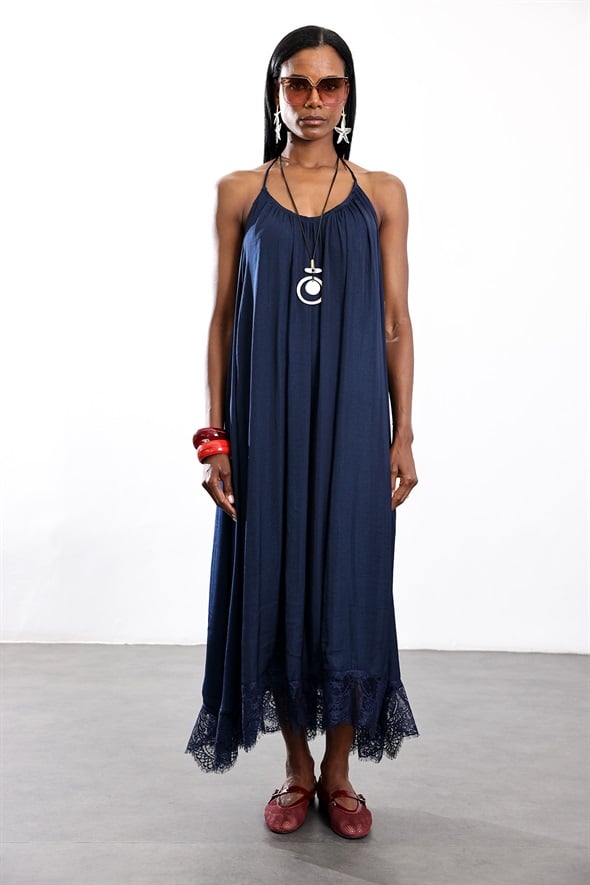 Lacivert Halter Yaka Maxi Elbise 17590