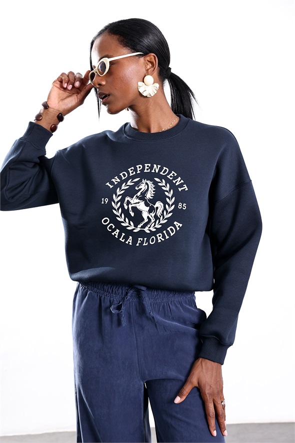 Lacivert Independent Ocala Florida Baskılı Sweatshirt 02839