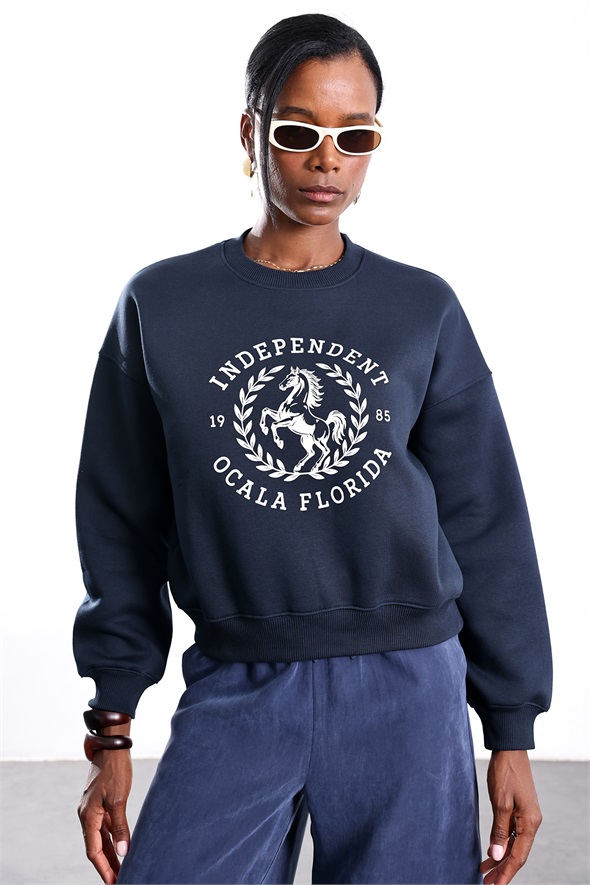 Lacivert Independent Ocala Florida Baskılı Sweatshirt 02839