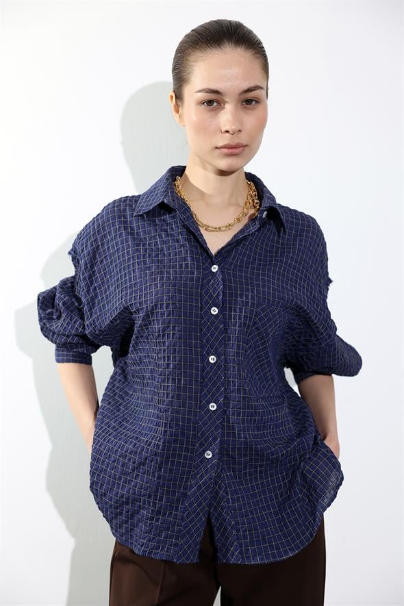 Lacivert Kareli Oversize Gömlek 5004