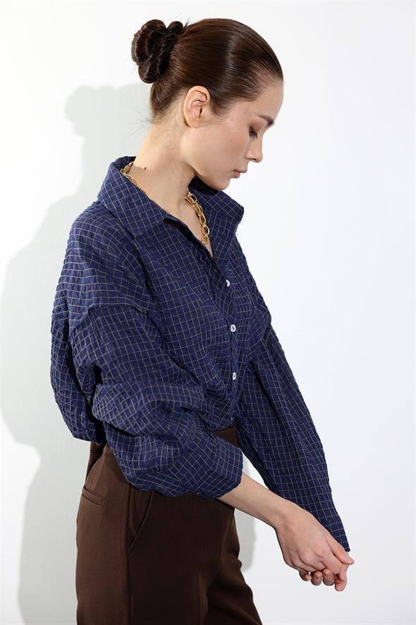 Lacivert Kareli Oversize Gömlek 5004