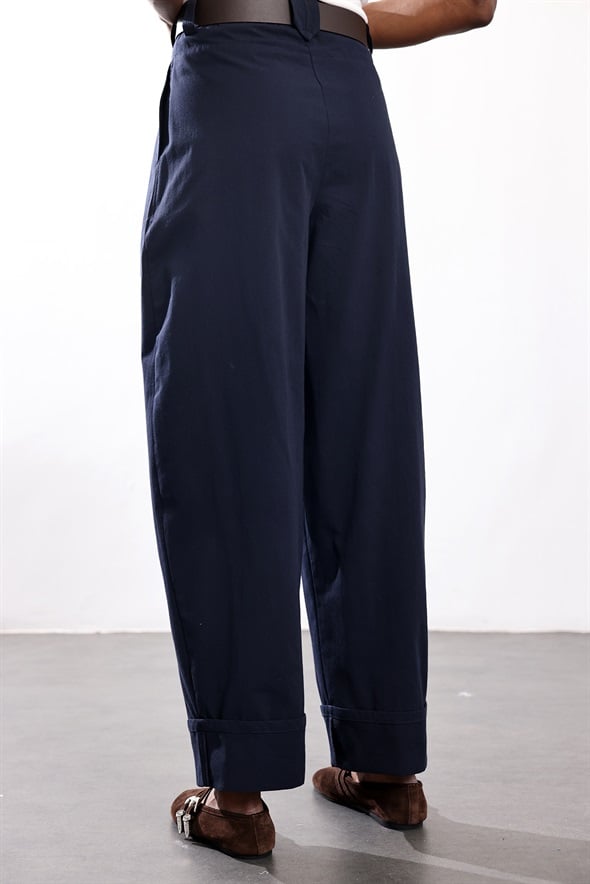 Lacivert Kemerli Duble Paça Pantolon 18260