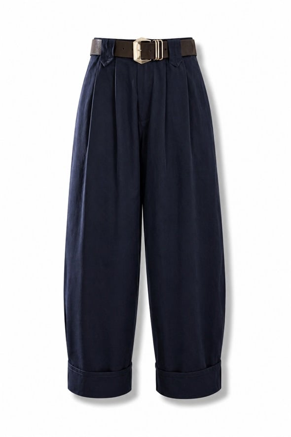 Lacivert Kemerli Duble Paça Pantolon 18260