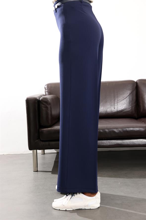 Lacivert Kemerli Likralı Palazzo Pantolon 9150
