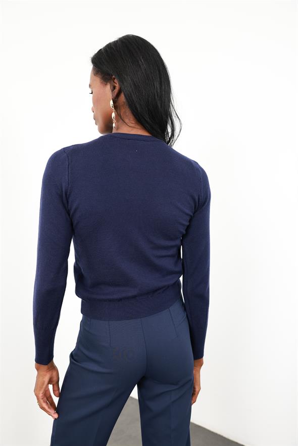 Lacivert Kemik Düğmeli Lyocell İplik Hırka 