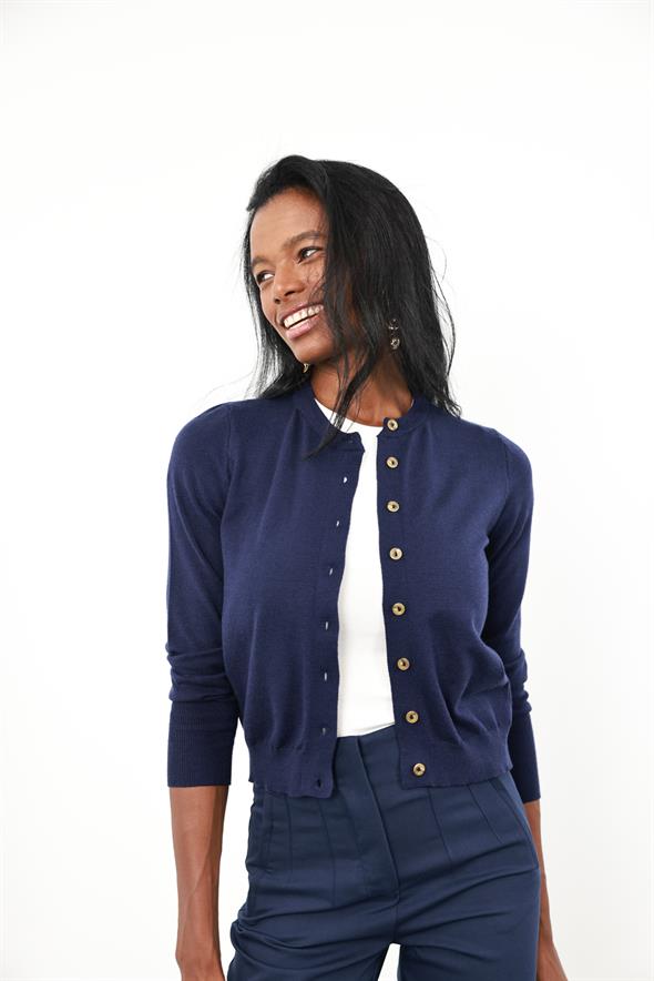 Lacivert Kemik Düğmeli Lyocell İplik Hırka 