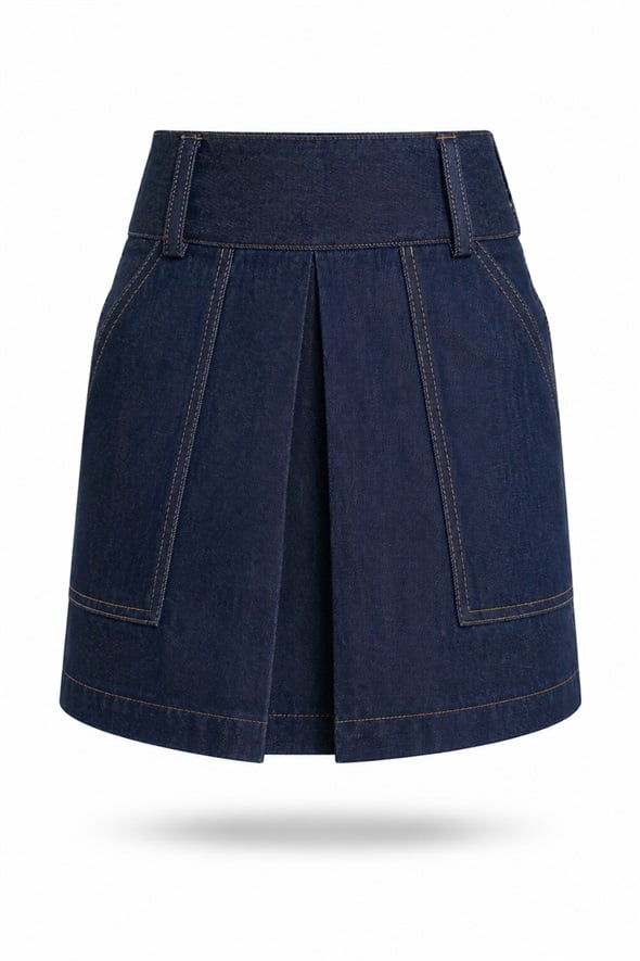 Lacivert Kontrast Dikişli Pileli Denim Etek 4531