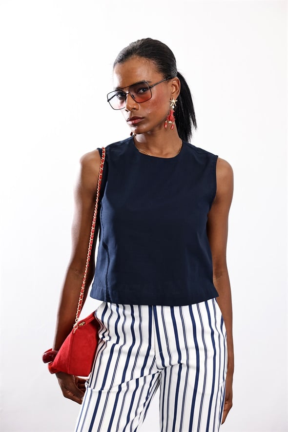 Lacivert Lina %100 Pamuk Bluz 