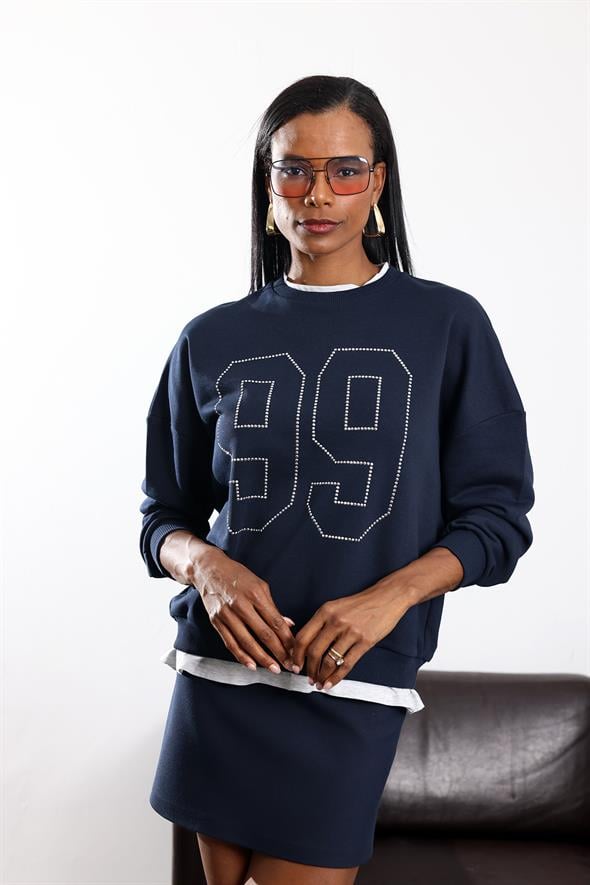 Lacivert Önü Taş Detaylı Sweatshirt 01426