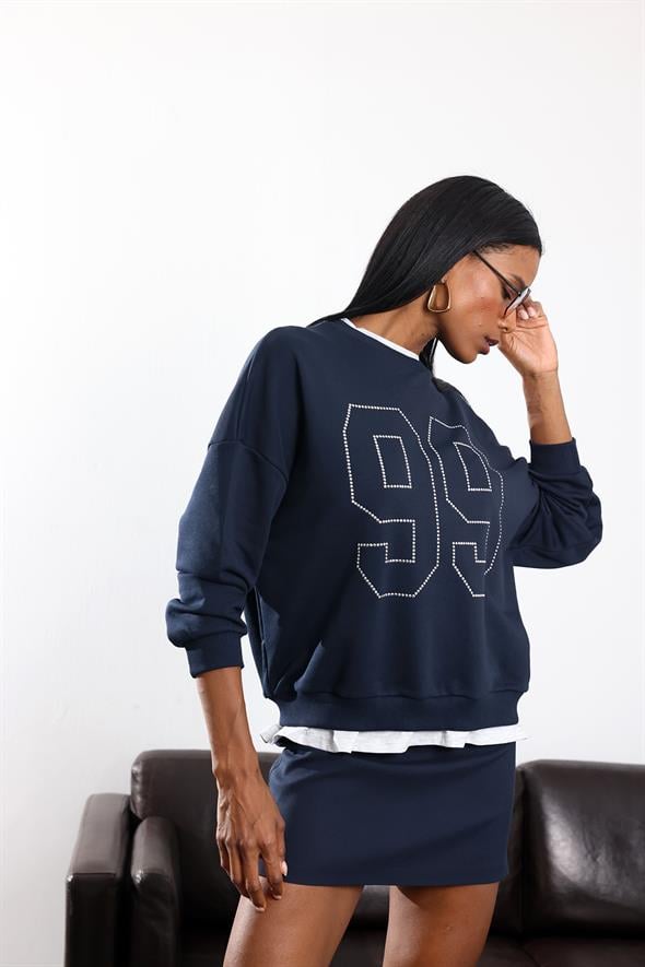 Lacivert Önü Taş Detaylı Sweatshirt 01426