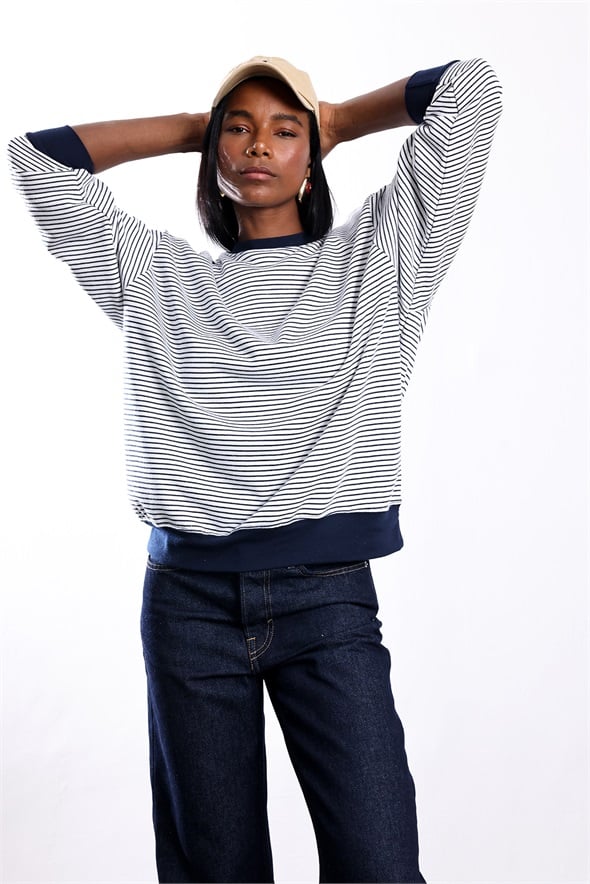 Lacivert Oversize Çizgili Sweatshirt 27368