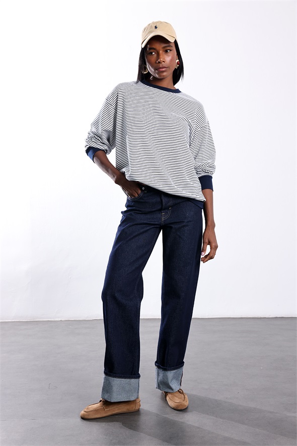 Lacivert Oversize Çizgili Sweatshirt 27368